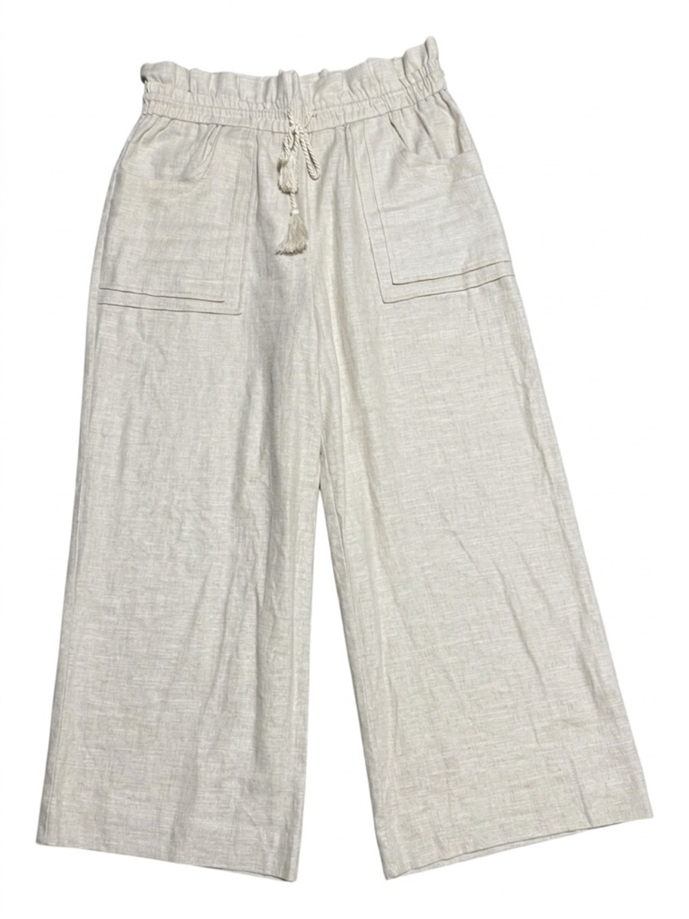 062 HOUSE OF HARLOW 1960 Women's Wide Leg Crop Linen Pant, Beige, Medium
